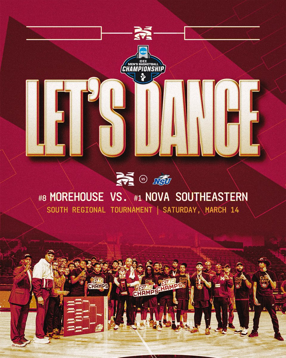 MorehouseMBB's tweet photo. 𝐋𝐄𝐓’𝐒 𝐃𝐀𝐍𝐂𝐄 🏀🕺🏾

For the first time since 2018, your Maroon Tigers will be playing in the NCAA DII South Regional Tournament this weekend vs @NSUSharks !

#𝐀𝐜𝐡𝐢𝐞𝐯𝐢𝐧𝐠𝐆𝐫𝐞𝐚𝐭𝐧𝐞𝐬𝐬 | #𝐁𝐞𝐚𝐭𝐍𝐒𝐔 | #𝐇𝐨𝐮𝐬𝐞𝐇𝐨𝐨𝐩𝐬 https://t.co/bHGETCcPDq