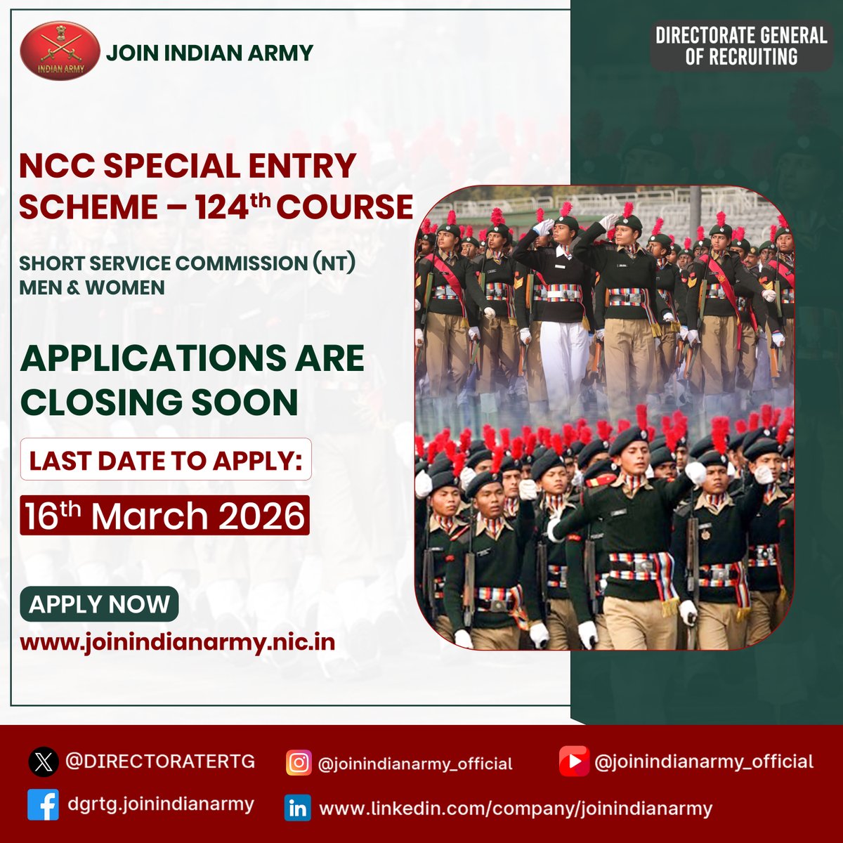 SSC NCC Special Entry – 124th Course (Oct 2026)

Applications are now OPEN for both Men &amp; Women.

Eligibility Criteria:

* Unmarried Male and Female Graduates
* Graduation Degree with minimum ‘B’ Grade in NCC ‘C’ Certificate
* Age: 19 to 25 years as on 01 July 2026

Last Date to