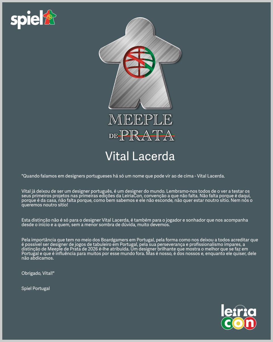 SpielPortugal's tweet image. Meeple de Prata / Silver Meeple Spiel Portugal:
- Vital Lacerda

“Silver Meeple” Award Ceremony
Sábado/ Saturday 15H - Leiriacon

#leiriacon #meepledeprata #spielportugal