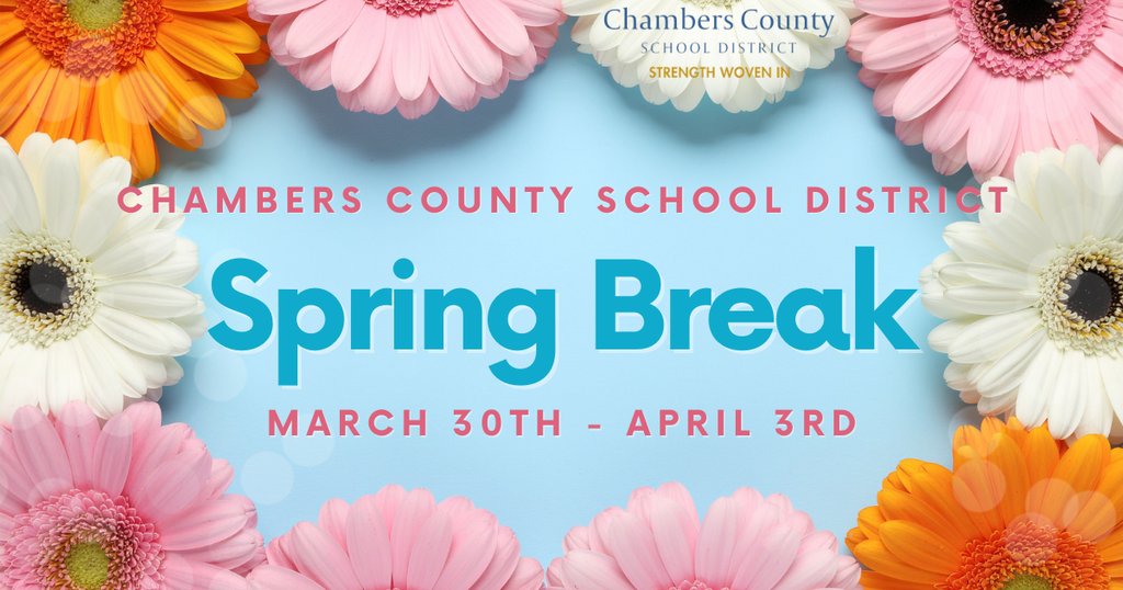 WFBRams's tweet photo. 🌸 SPRING BREAK IS ALMOST HERE! 🌸

Mark your calendars, Chambers County family! Our students and teachers will be enjoying a well-deserved break from March 30 through April 3, 2026. 

See you refreshed and ready to finish strong when we return on Monday, April 6th! 💚 https://t.co/ulefycM9uG