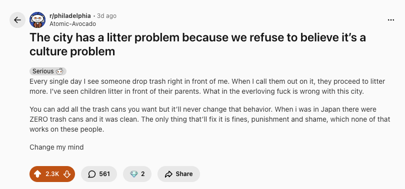 JacobPritchett's tweet photo. We 100% need an indoctrination program if we ever want Philly to be clean. Aggressively cleaning before it snowballs needs to be part of the strategy, but it's not enough https://t.co/vrOaQj9MAr