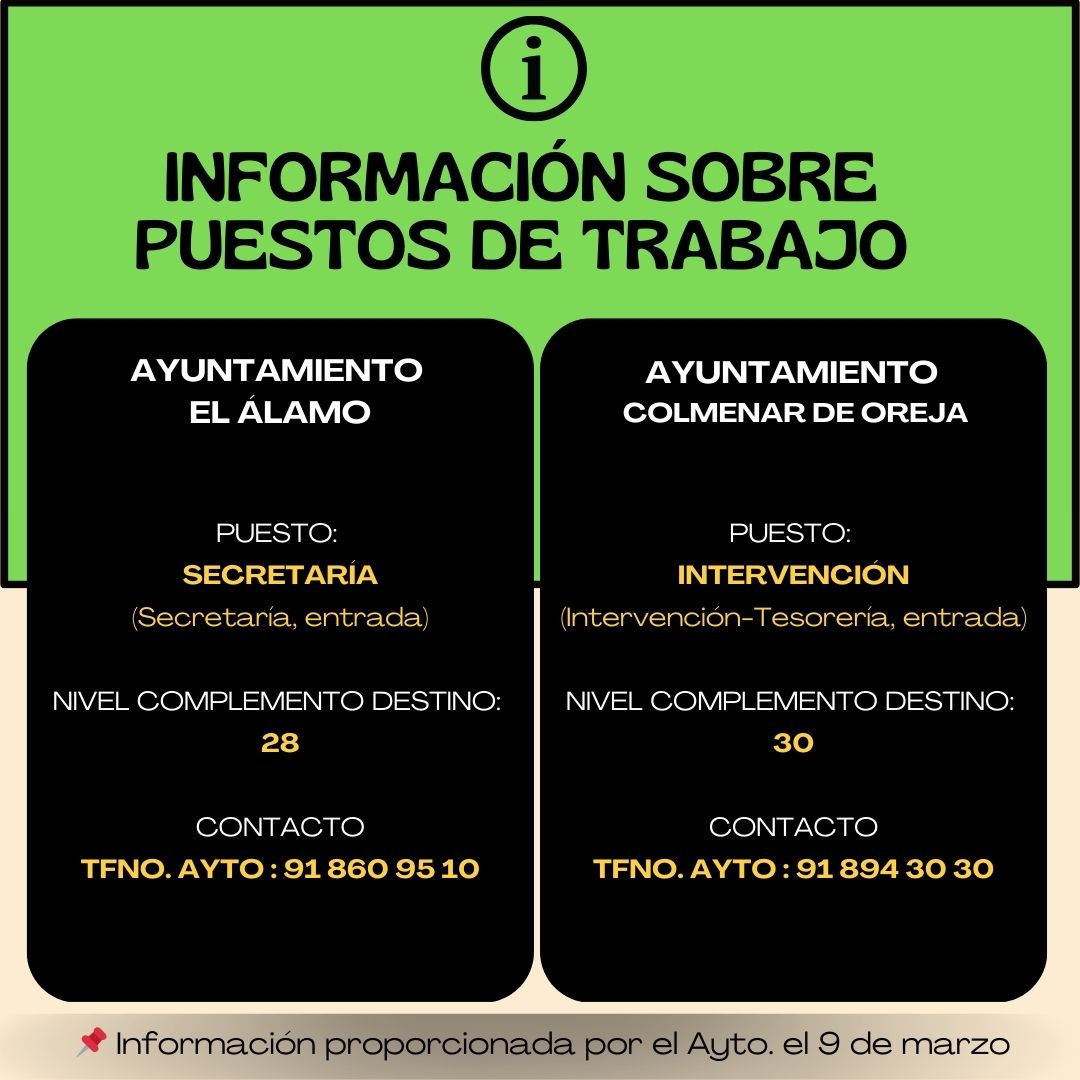 CositalMadrid's tweet photo. INFORMACIÓN SOBRE PUESTOS DE TRABAJO: AYUNTAMIENTOS DE EL ÁLAMO, COLMENAR DE OREJA, NAVALAGAMELLA Y SAN MARTÍN DE VALDEIGLESIAS. https://t.co/YHLrd15OE7