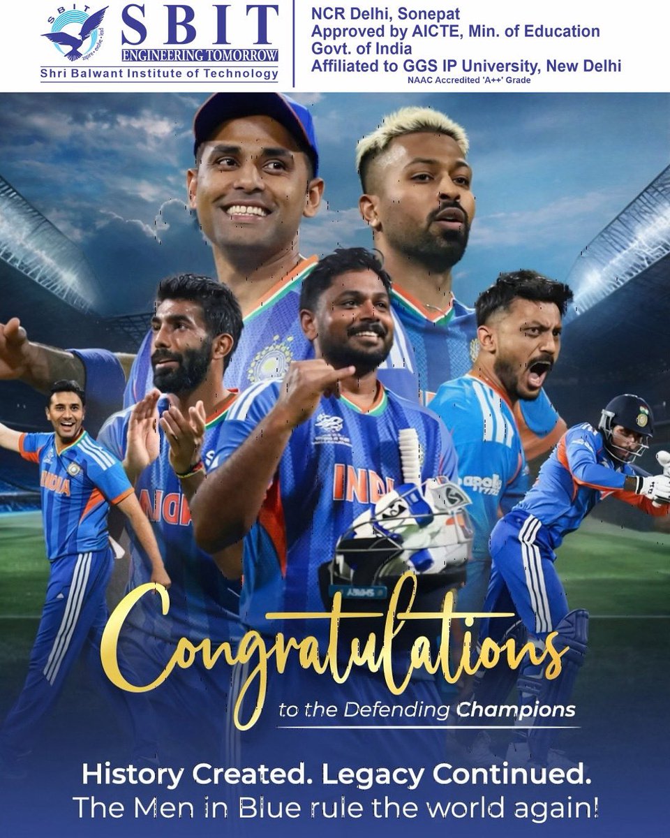 sbitsonepat's tweet photo. History written. Hearts won. Trophy lifted. 🏆🇮🇳
What a moment for every cricket fan!
Take a bow India National Cricket Team 💙 

#IndiaWins #BleedBlue #Champions #sbit #engineeringtomorrow https://t.co/eDjV57JqLQ