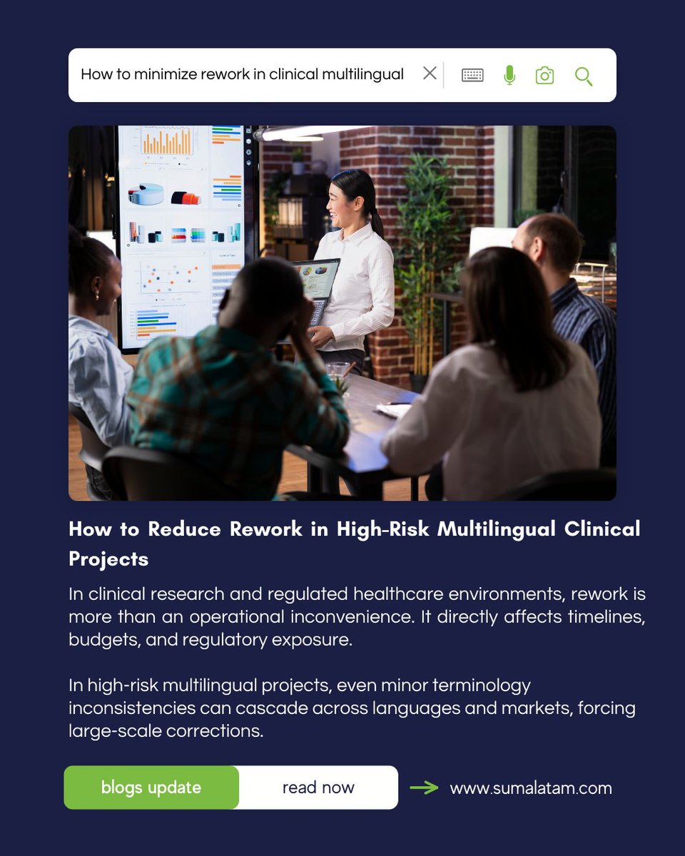 In multilingual clinical projects, small terminology inconsistencies can trigger large-scale rework.

Delays, higher costs, and regulatory risk often follow.

Prevention requires structured workflows, validated terminology, and early technical review.

sumalatam.com/reduce-rework-…