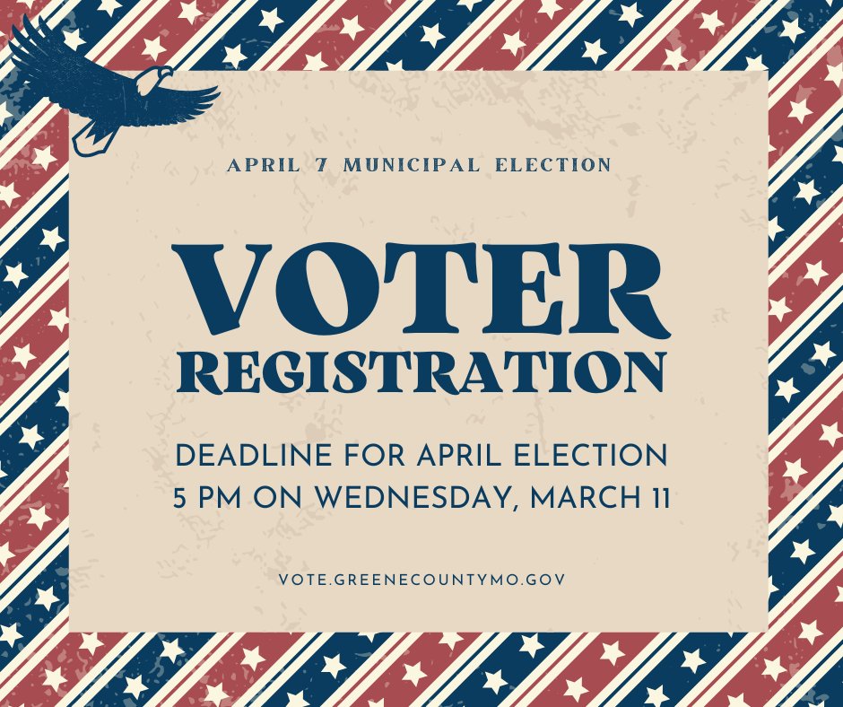 greenecovotes's tweet photo. Greene County Clerk Shane Schoeller reminds all eligible Greene County residents that they have until 5:00 pm on Wednesday, March 11 to register to vote with eligibility for the General Municipal Election on Tuesday, April 7. More info at
https://t.co/hJ5HwbB9H6. https://t.co/w9QMqPhVHl