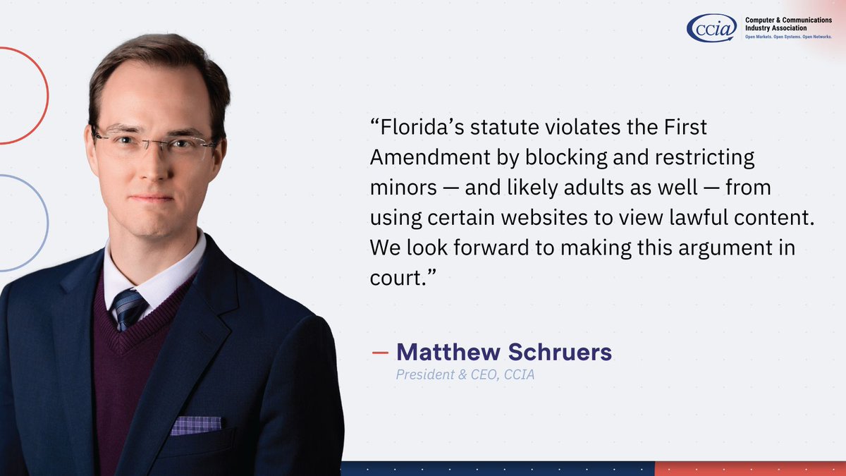 ccianet's tweet image. Florida’s HB3 will face scrutiny Tuesday at the U.S. Court of Appeals for the Eleventh Circuit as CCIA and @NetChoice argue the law restricts access to lawful online content protected by the #FirstAmendment. Protecting kids online matters, but blocking speech and limiting access