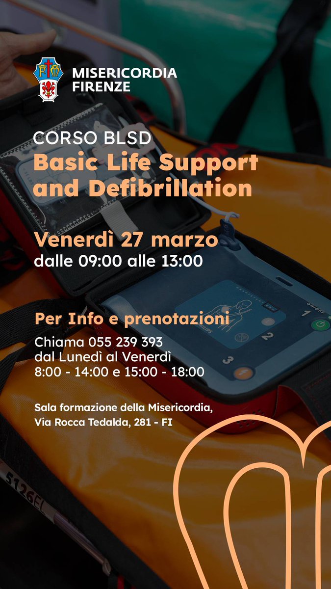 Quando ogni secondo conta, sapere cosa fare è fondamentale 🧡
Partecipa al corso BLSD della Misericordia di Firenze!

📅  27 marzo
🕒 09:00 - 13:00
📍 Via Rocca Tedalda, 281 Firenze

Info e prenotazioni: 
📞 055 239393
__
📍Misericordia di Firenze
📞 Tel: 055 21.22.22