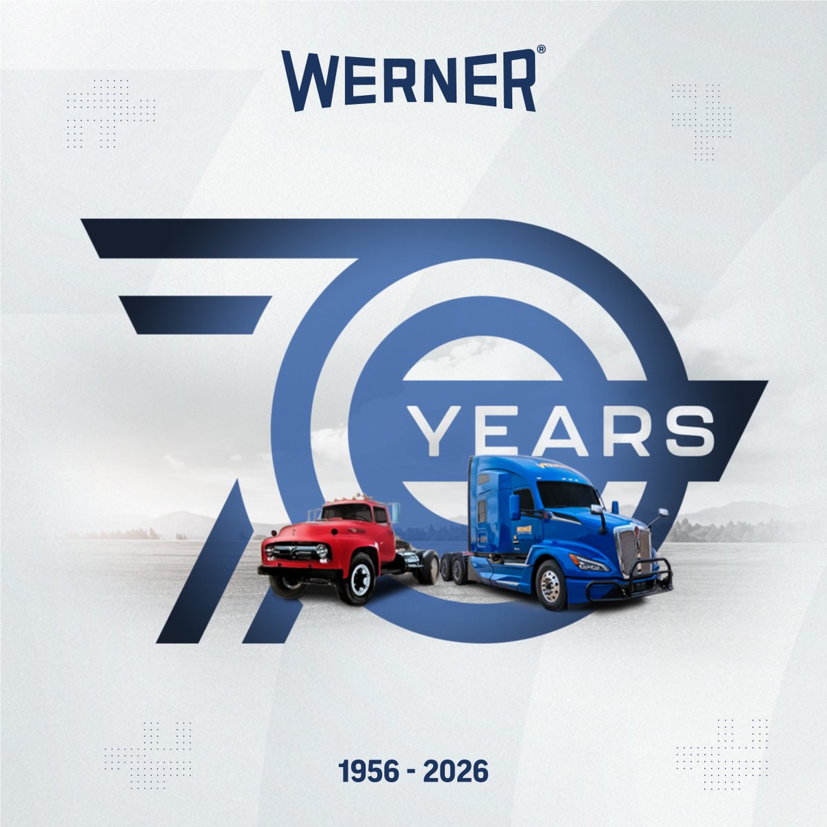 One_Werner's tweet photo. Celebrating 70 years of Werner!  

Since 1956, we’ve grown into a powerhouse thanks to our incredible team and customers. Here’s to many more miles!

🎥 Watch: https://t.co/in2q42AECY
👀 Read: https://t.co/Wow9p0pY1Y

#Werner70Strong https://t.co/Aq07I9CS6I