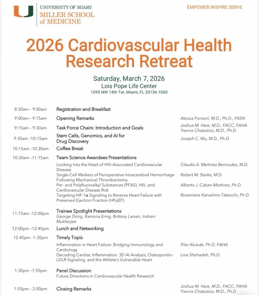 drsuminthapa's tweet photo. An incredible weekend!🫀

Stem Cells, Genomics, and AI for Drug Discovery
#CardiovascularHealthResearchRetreat2026 #CardiovascularHealth #MedicalResearch #UniversityOfMiami #MillerSchoolOfMedicine #HeartHealth #Research #Medicine https://t.co/f13kmF5Dnu