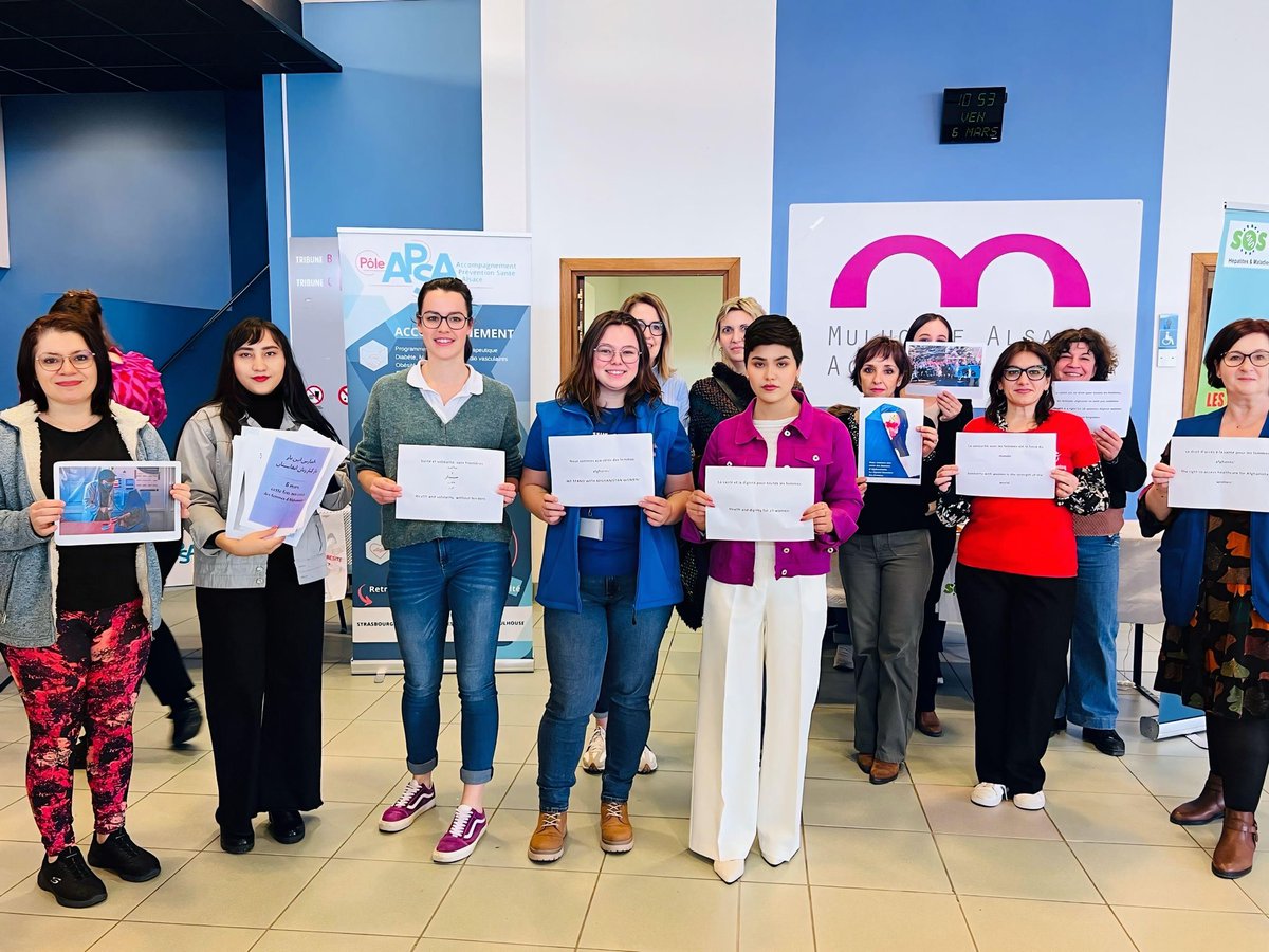 wjmglobal's tweet image. During an event organized by the Social Action Center of Mulhouse #CCAS on March 6, 2026, ahead of International #Women’s Day, members of the #WomenJusticeMovement attended to strengthen global solidarity with Afghanistan women.

Holding photos of Afghanistan girls and messages