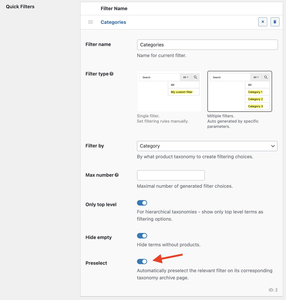 Starting from Advanced Woo Search PRO v.3.56 you can set an option for Quick Filter to preselect corresponding taxonomy filters inside this taxonomy archive page.