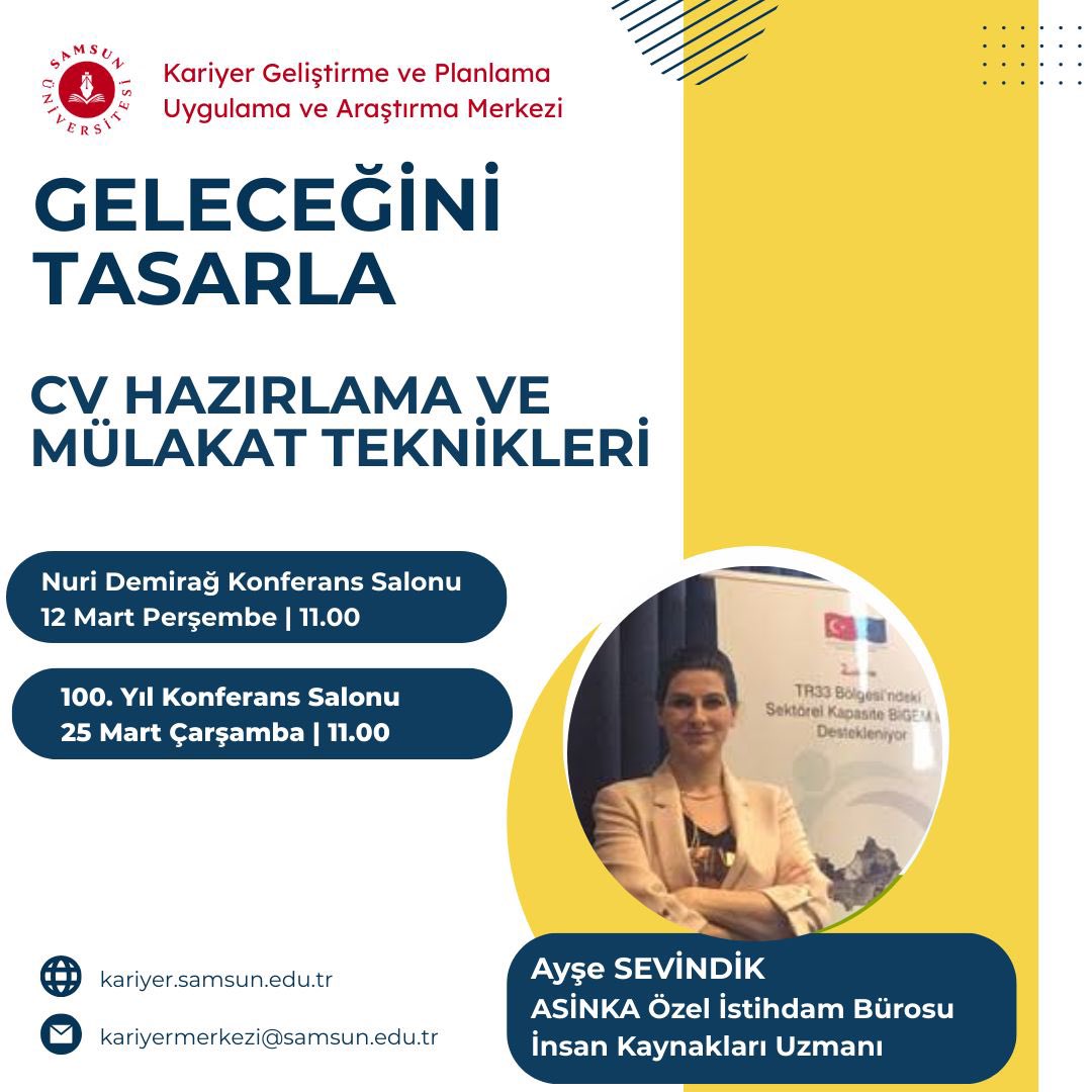 Samukargep's tweet photo. 🚀 GELECEĞİNİ TASARLA: CV HAZIRLAMA VE MÜLAKAT TEKNİKLERİ

Üniversite öğrencilerimizi kariyer yolculuklarına katkı sağlayacak bu eğitime davet ediyoruz. https://t.co/EWfJA5z6C3