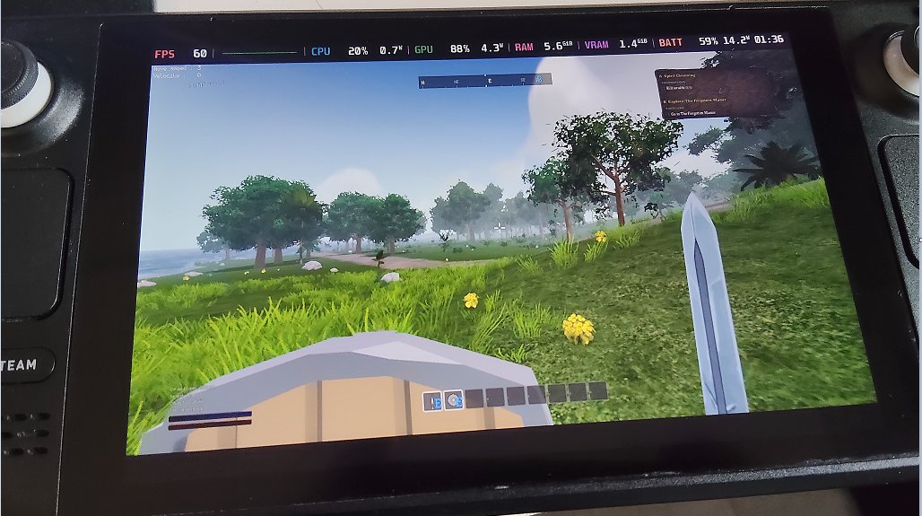 Mad_Triangles's tweet photo. With some light #godot engine modifications, now running smoothly at 60 fps on the steamdeck without upscaling! Full procedural over-world with 1 km draw distance https://t.co/00dav2yHB6