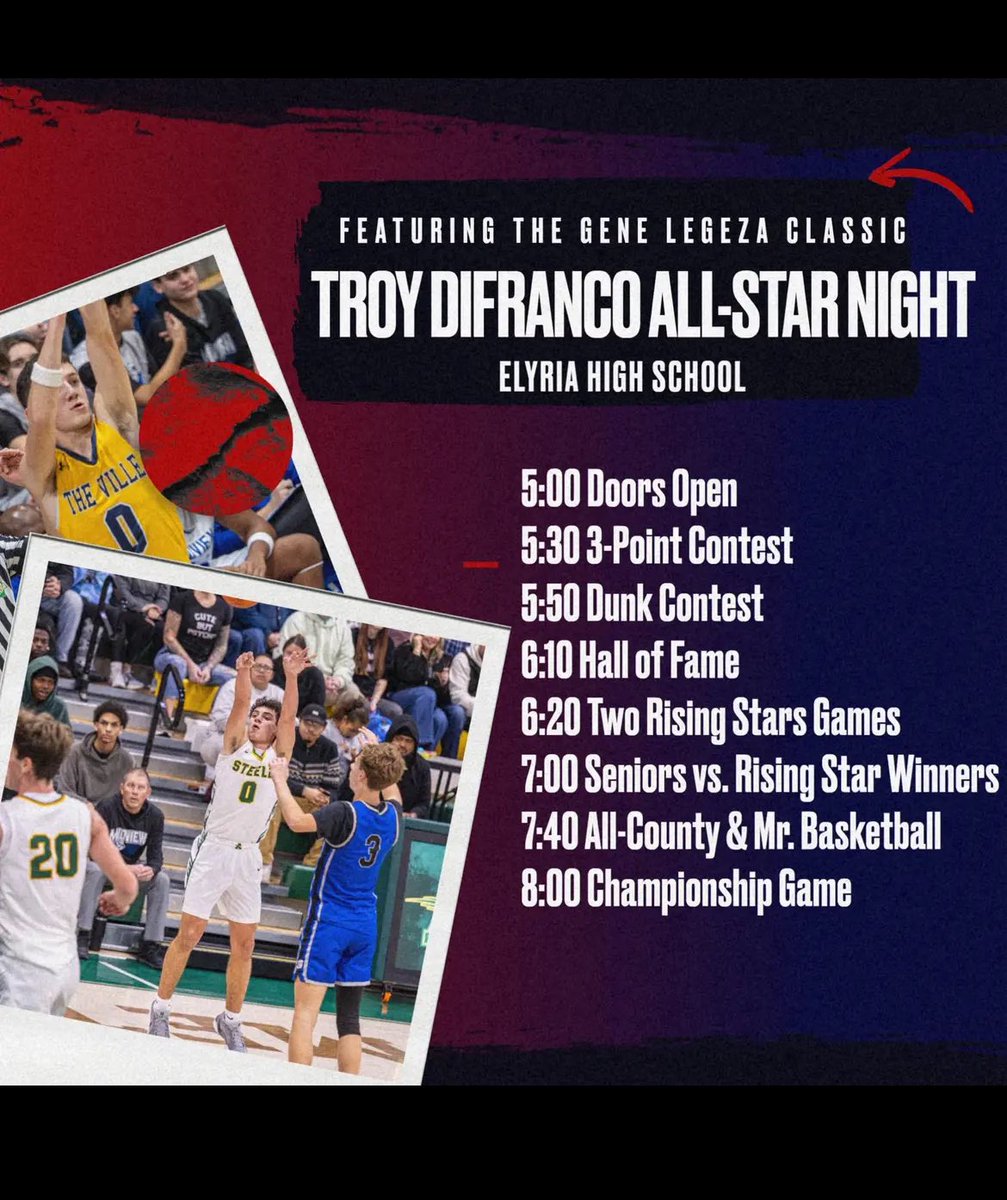 This Friday is the Troy DiFranco All-Star Night presented by the LCBBCA. Events start at 5:30 at Elyria HS. Cardinals competing will be Mason Waechter in the 3-point contest and Rising Stars Games. Alex Arra and Zeke Lind will also be in the Rising Stars Games.