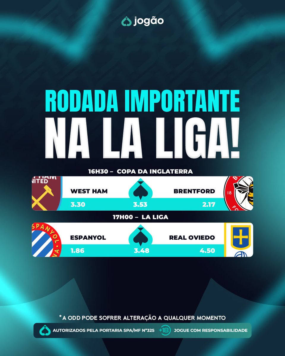 jogaobet's tweet photo. ⚽ PRESSÃO DOS DOIS LADOS NA ESPANHA!

O Espanyol entra em campo tentando encerrar uma sequência complicada de nove jogos sem vitória.

Do outro lado, o Real Oviedo, que ocupa a última posição da tabela, tenta reagir!

🩵https://t.co/7AHFzFdl2m

🔞| Jogue com responsabilidade. https://t.co/sVgpAfpknf