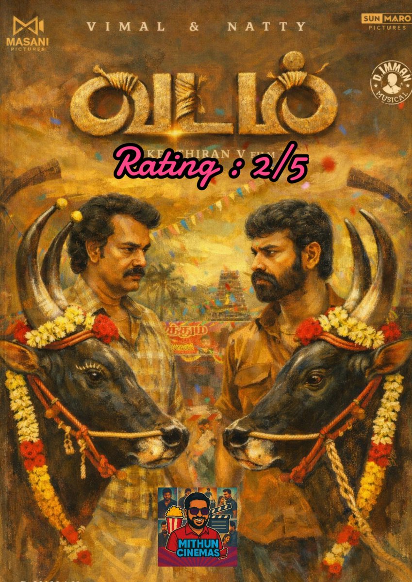 LearnEasy11's tweet photo. #MithunCinemas
🏷 Title: #Vadam
🎭 Genre: Drama
📆 Year: 2026
🗣 Language: Tamil 
🎟 Censor: U
📀 OTT: NA
⭐ Rating: 2/5

மஞ்சு விரட்டுக்காக தயார் செய்யப்படும் காளைகள், பெரிய வீட்டு பிள்ளையான விமலை குறிவைக்கும் வில்லன்கள் — இதுவே கதையின் மையம்.

ஏற்கனவே பல மதுரை பின்னணி படங்கள் ஓடி தேய்ந்த களத்தில், இந்த படமும் அதே பாதையில் மெதுவாக நகர்கிறது. 

அழுத்தமில்லாத கதாபாத்திரங்கள், அபத்தமான காமெடி, பழைய ஸ்டைல் காதல் காட்சிகள் ஆகியவற்றுடன் முதல் பாதி சோர்வாக நகர்கிறது.

இடைவேளை ட்விஸ்டும் முன்கூட்டியே கணிக்கக்கூடியதாக அமைந்திருக்கிறது. இரண்டாம் பாதியில் கதைக்குள் கதை, நீளமான கிளைகள் என திரைக்கதை குழப்பத்தை ஏற்படுத்துகிறது.

புதுமையான கதையம்சமும், வலுவான திரைக்கதையும் இல்லாததால் இந்த மஞ்சு விரட்டு படம் எதிர்பார்த்த தாக்கத்தை ஏற்படுத்தவில்லை.