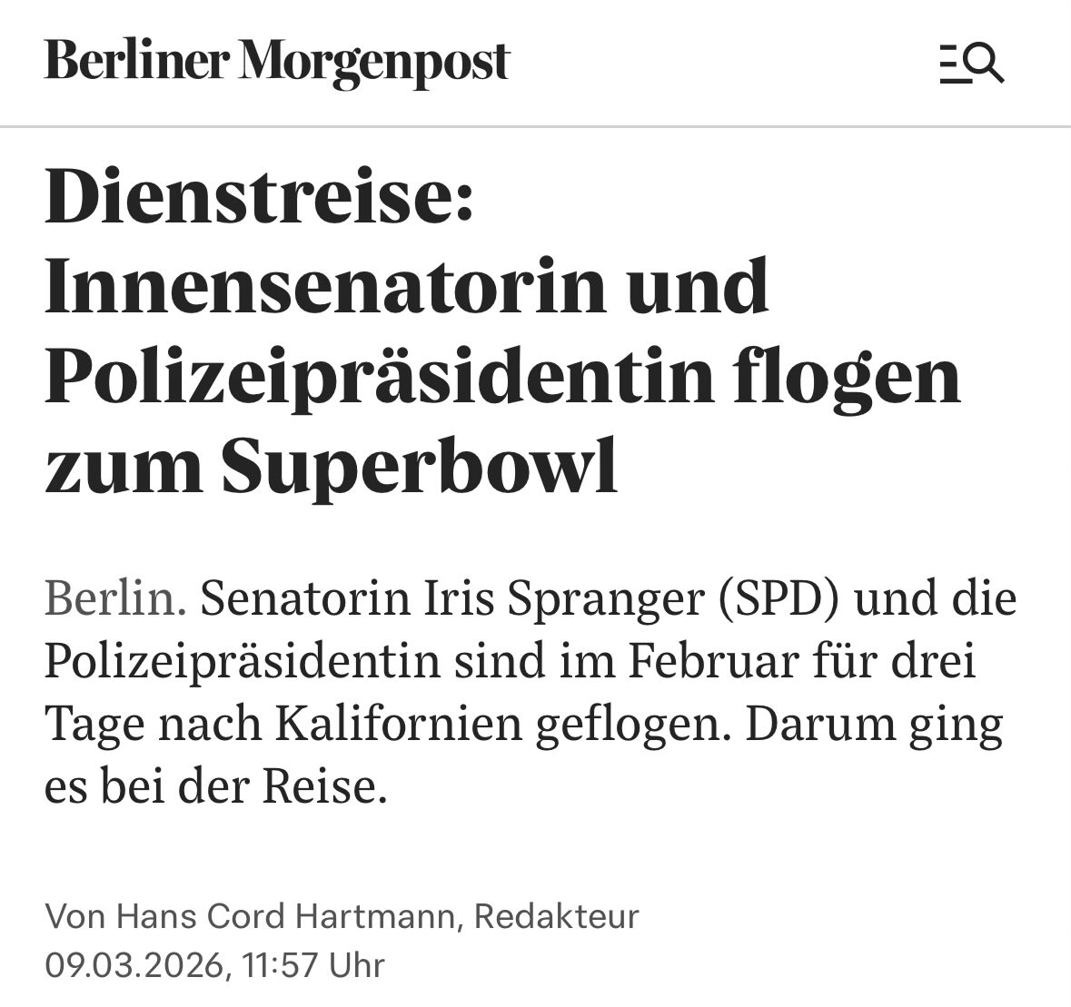 Die "Dienstreise" inkl. Businessclass-Flug zum Superbowl nach Kalifornien, hat den Steuerzahler nur läppische 33‘500 Euro gekostet.