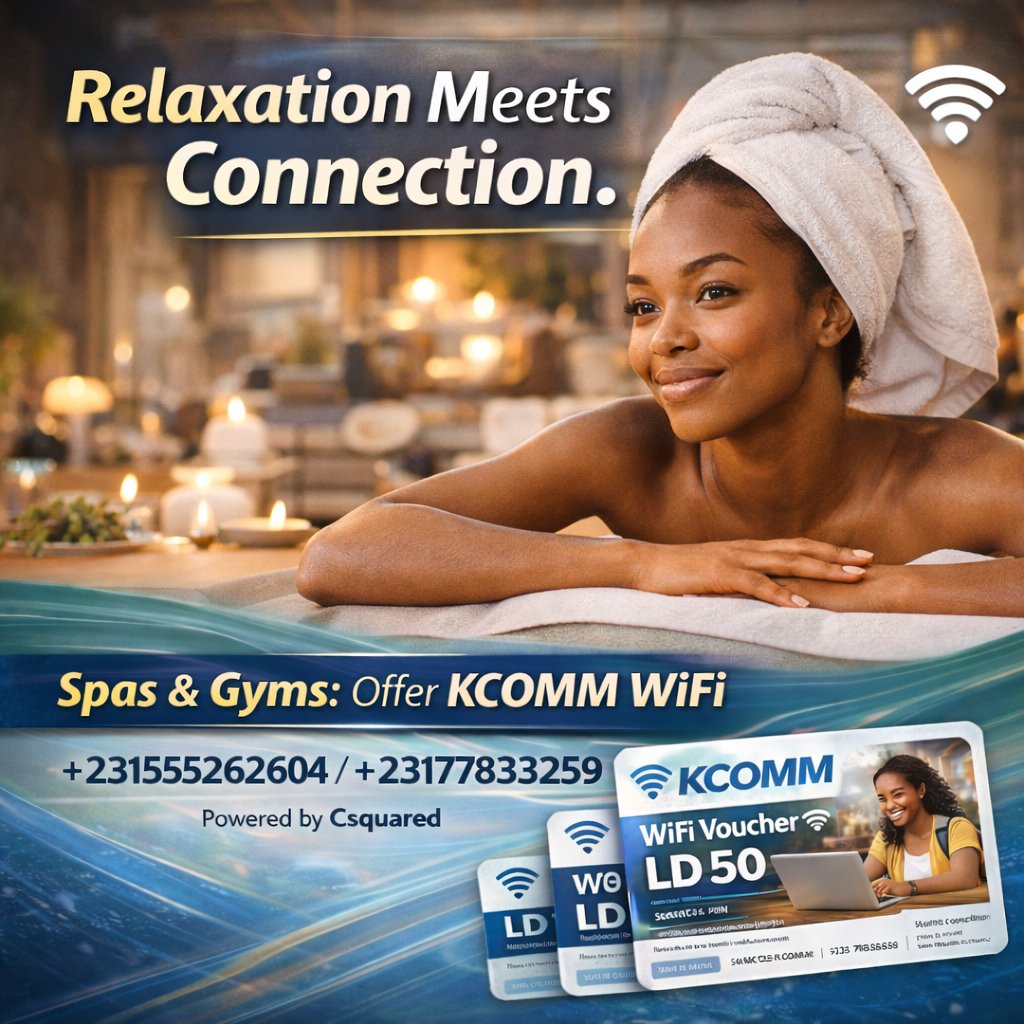 kcomm4499's tweet image. Relaxation Meets Connection.
At the spa, gym, or beauty center, customers want to relax and stay connected, offer KCOMM Wi-Fi to your clients

Upgrade your business experience with smart internet access.

📞 +231555262604 / +231778332259
Powered by Csquared

#KCOMM #SpaWiFi #Gym