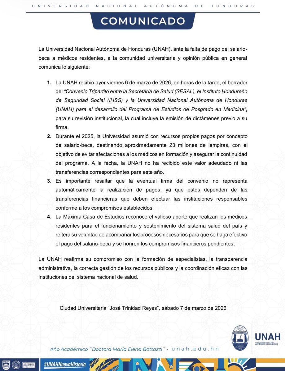 UNAH_Rectoria's tweet photo. El día viernes 6 de marzo por la tarde, la  SESAL remitió el borrador de convenio tripartito sobre los residentes, por lo que hoy vamos a remitirlo con las observaciones; sin embargo, en cuanto a pagos, dependen mucho de las transferencias, ya que el año pasado pagamos con recursos de la @UNAHoficial y se nos adeudan casi 23 millones de Lempiras, más las transferencias de este año 2026.