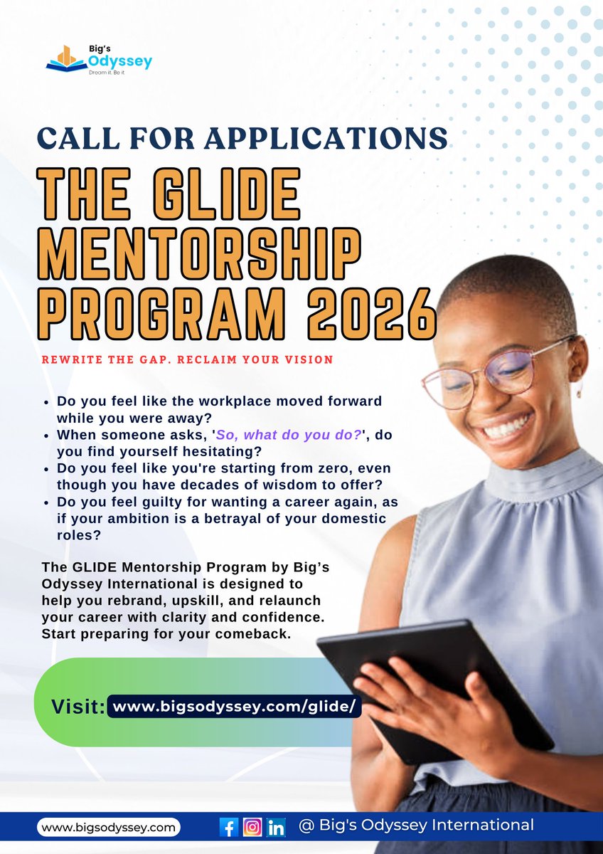 bigsodyssey's tweet image. The GLIDE Mentorship Program 2026 is now open for applications. 

If you’ve been waiting for the right support system, guidance, and community to help you move forward, this is your moment. 

Apply now: bigsodyssey.com/glide/

#GLIDE #WomenInLeadership #BigsOdyssey