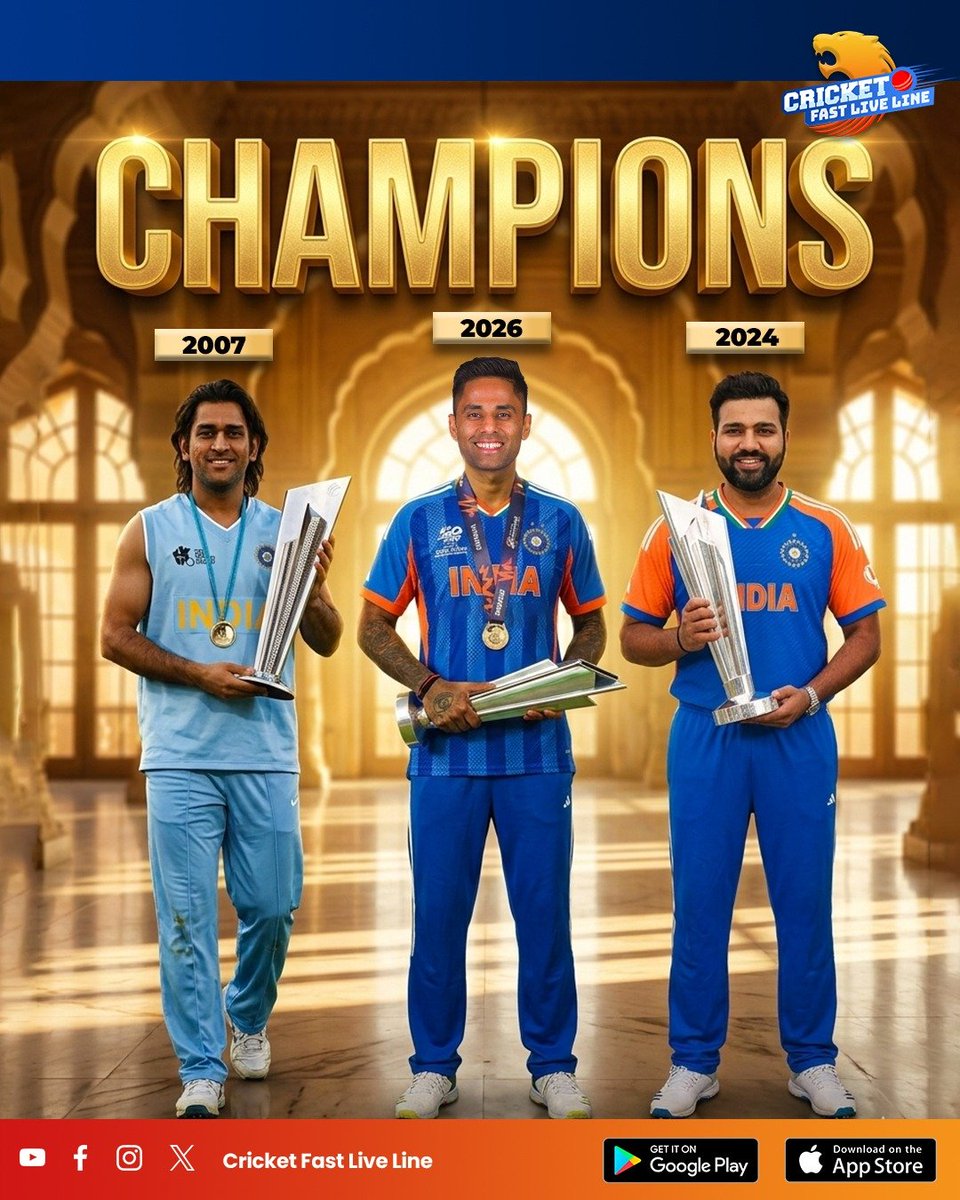 cfll_official's tweet image. 𝗧𝗵𝗿𝗲𝗲 𝗲𝗿𝗮𝘀. 𝗢𝗻𝗲 𝗹𝗲𝗴𝗮𝗰𝘆. 𝗢𝗻𝗲 𝗰𝗵𝗮𝗺𝗽𝗶𝗼𝗻 𝘀𝗽𝗶𝗿𝗶𝘁. 🇮🇳🏆

From 2007 ➜ 2024 ➜ 2026, Team India continues to rule world cricket.

Generations change, but the champion mindset stays the same. 💪🔥
.
.
.
#T20WorldCup #IndianCricket #CricketFastLiveLine