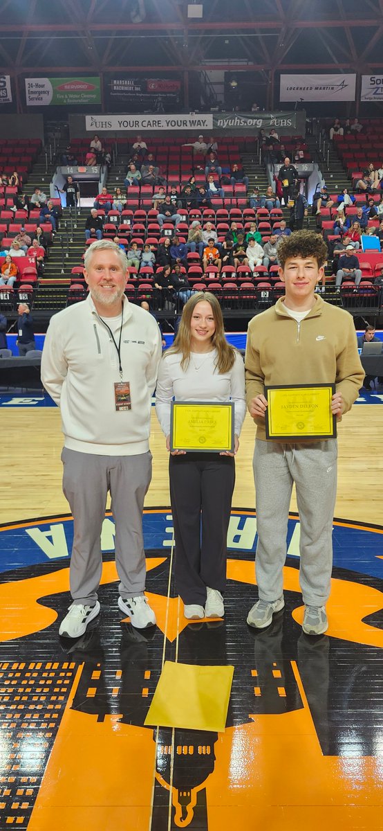 STACscores's tweet photo. Congratulations to Amelia Paske (Chenango Valley) and Jayden Deleon (Harpursville), this year's winners of the Carl Gaffney Scholarship Award, presented by the Southern Tier Basketball Officials! They were presented the awards by Scholarship Chairman Andrew Good during the Section IV Basketball Championships at the Arena on Sunday.