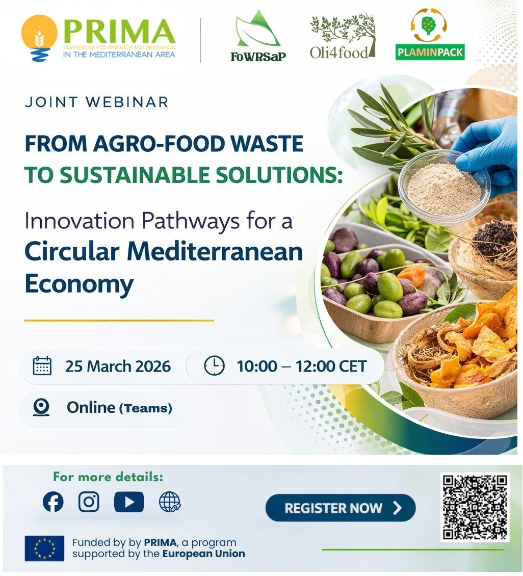 🫒Joint Webinar Alert
How can agro-food waste become sustainable innovation?
Join #Fowrsap, #oli4food &amp; #plaminpack to explore solutions for a circular Mediterranean economy.
🗓️Mar 25, 2026
⏰10:00-12:00 CET
💻Online
Register via QR code👇