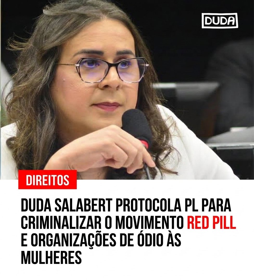 DudaSalabert's tweet image. ❗️O Movimento RED PILL é a nova fábrica de ódio contra mulheres

O projeto de lei prevê: 

- criação do crime de Incitação misógina organizada
- proibição do movimento red pill
- punição às organizações e redes de ódio contra mulheres