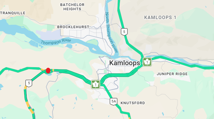 DriveBC's tweet image. ⚠️#BCHwy1 - crews are tending to a vehicle incident westbound near #BCHwy5.
Expect delays.
#Kamloops
DriveBC.ca