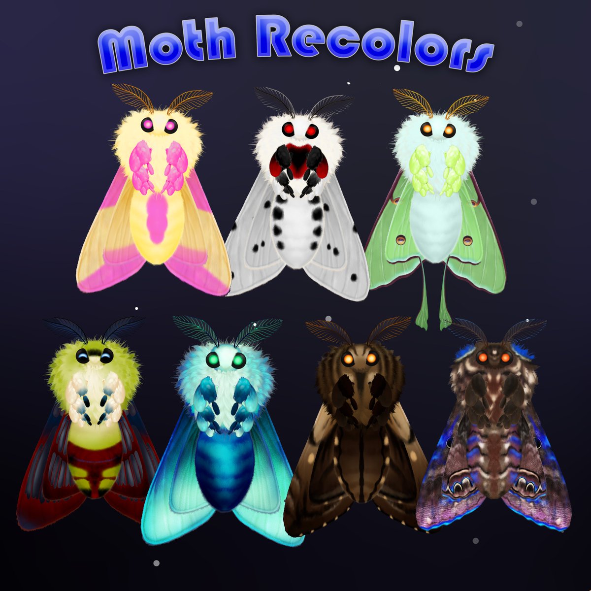 SushisaStudios's tweet photo. Now releasing recolors for my Moth Vtube Avatar! These are from various commissions throughout the years of real species! Did you know how pretty and colorful moths could be??

https://t.co/9GomS0afsC

#recolor #moth #butterfly #bug #vtube #avatar https://t.co/EOjPV9ce2T