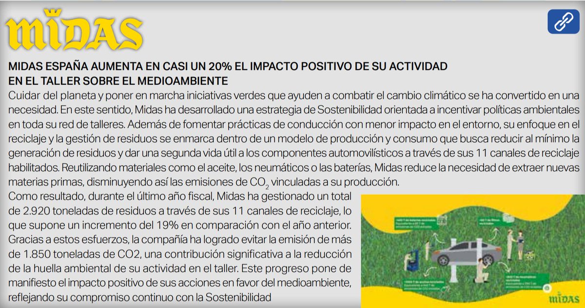 Corresponsables's tweet image. 📖 Descubre las buenas prácticas de Midas en el #20AnuarioCorresponsables 👉 f.mtr.cool/qugefnzaxa

Midas España ha aumentado su impacto positivo en el #medioambiente a través de su estrategia de sostenibilidad, centrándose en el #reciclaje y la #gestióneficiente de #residuos: