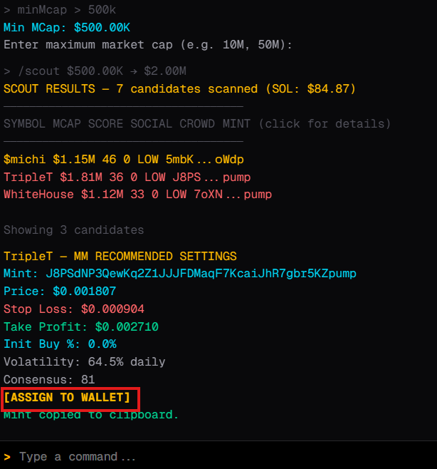 LHcrypt0's tweet photo. Getting a lot of dm's asking how i use the terminal

the juice terminal is there to help find tokens you want to run the auto trader on... when you open up the juice terminal, run command: 

/scout
enter min mc:500k
enter max mc 2m
you can edit these to your preference

you don't want to be running an auto trader on a low cap because this is just risky... use the lower mc filters to find scalps and spot buy them instead, or use the MM in TP only mode 

once you have a token you are happy to run the auto trader on, all you do is click assign wallet and the agent will automatically set the trade up with the wallet you have funded with SOL