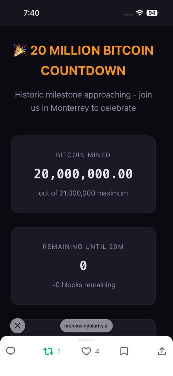 lbrizuela's tweet photo. Solo queda 1 millón de bitcoin por minar. https://t.co/kbJ5L7VaAi