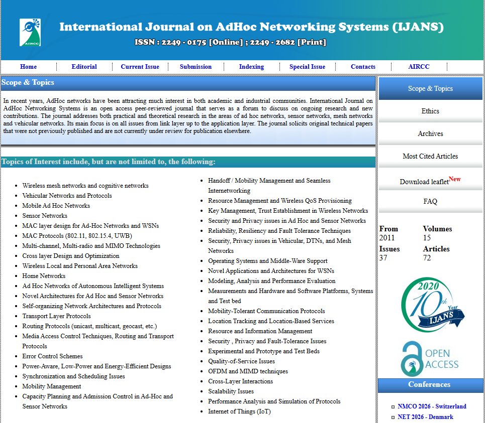 JournalIjans's tweet image. ***Free Publication**
International Journal on AdHoc Networking Systems (IJANS)

ISSN : 2249 - 0175 [Online] ; 2249 - 2682 [Print]

airccse.org/journal/ijans/…
airccse.com/submissioncs/h…

Here's where you can reach us : ijans@aircconline.com 

#adhoc #networks #wirelessnetwork #security
