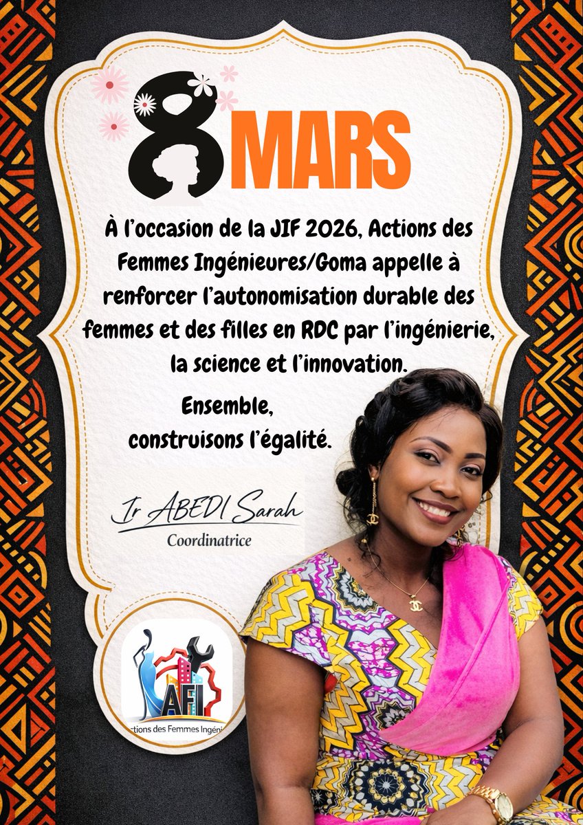 ActionFemme_Ir's tweet photo. Nous appelons à renforcer l’autonomisation durable des femmes et des filles grâce à l’ingénierie, la science et l’innovation. 🚀👩‍🔬 #Égalité #Innovation #FemmesEnScience #JIF2026 @ONUFemmes @AmbSuisseRDC https://t.co/XNzHmG9atH