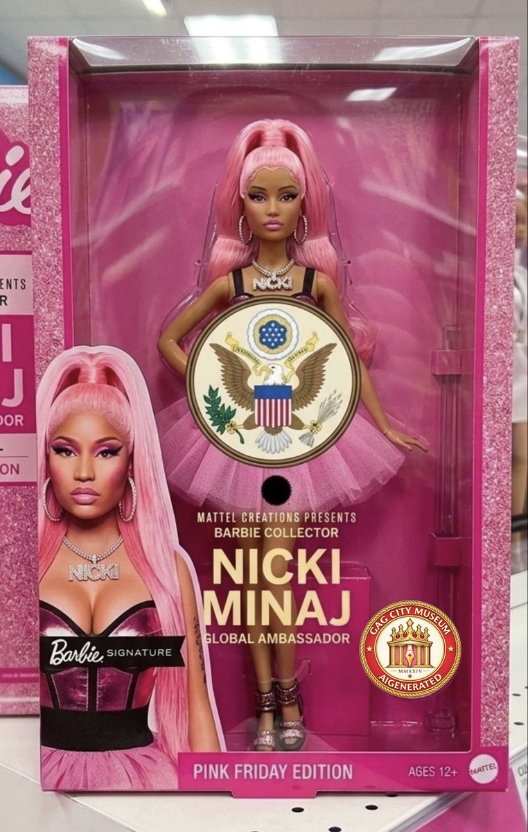 GagCityMuseum's tweet image. Happy National Barbie Day Barbz.

In Gag City, the Barbie collector shelf is Barb-ready. A Nicki Minaj Pink Friday Edition Barbie would make history.

Honoring the Queen who turned the world pink.

#NickiMinaj #Barbz #BarbieDay #GagCity #AiGENERATED #NationalBarbieDay