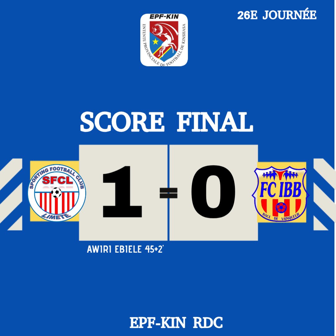 EPF-KIN | 26E JOURNÉE 
POULE A

Fin du deuxième match au Stade Cardinal Malula.

SFC LIMETE 1️⃣-0️⃣ AC IBB
⚽ EWIRI EBIELE (45+2')