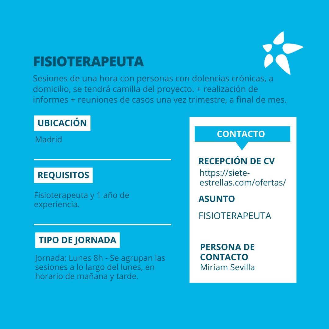 #EMPLEO 👉Buscamos #FISIOTERAPEUTA para sesiones de una hora con personas con dolencias crónicas, a domicilio, se tendrá camilla del proyecto. + realización de informes + reuniones de casos una vez trimestre, a final de mes.

Envía por aquí tu #CV siete-estrellas.com/ofertas/ #Madrid