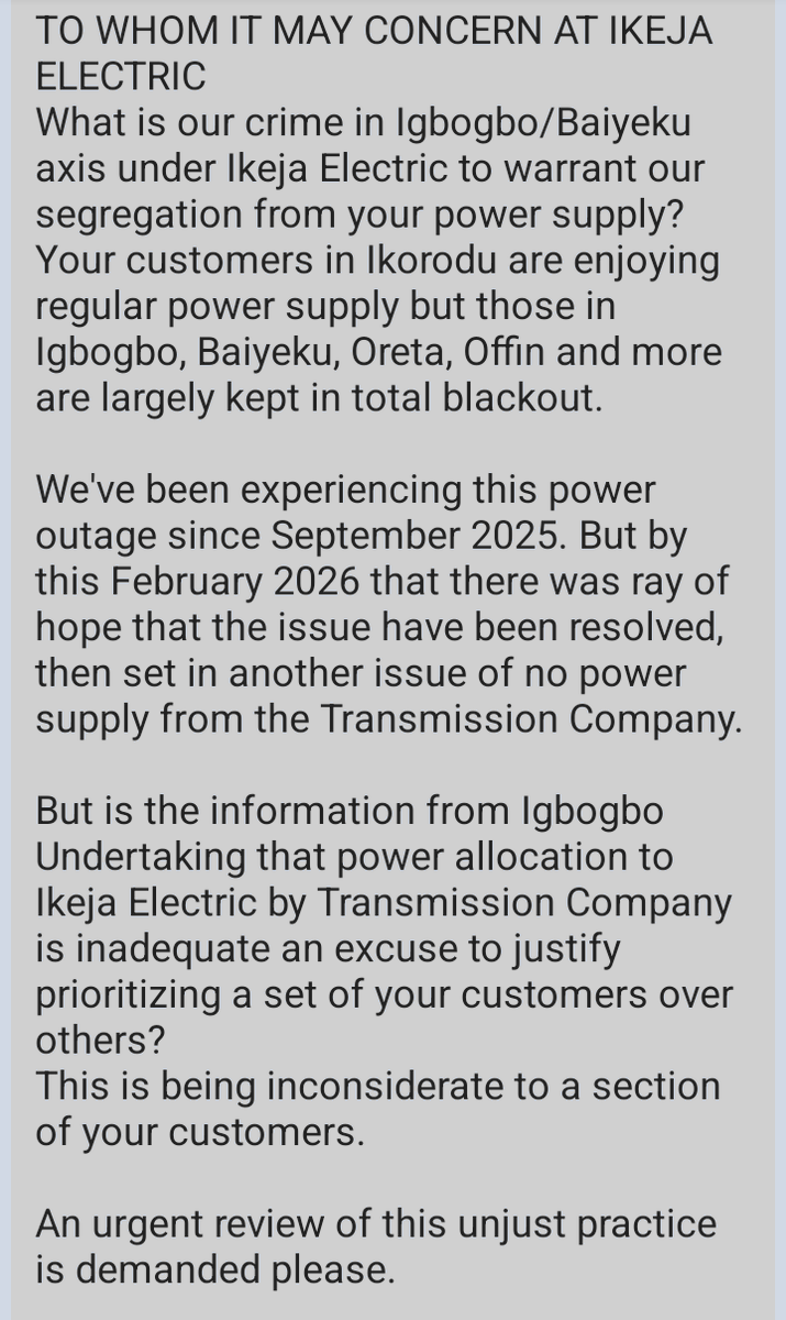 obilagos's tweet photo. @ieServe and @IkejaElectric what do we believe from #IEDC. u're  loaded with 510MW electricity from @NationalGridNg. This should serve ur customers well. I've complained b4. #IEDC should stop annoying us in Igbogbo with 5-10 min. power supply/day. Enough pls! @NERCNG pls note. https://t.co/KeaBBiM715