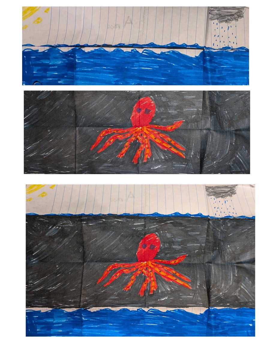 ourplayandart's tweet photo. "On a rainy and sunny day
An octopus emerges at the dark sea
A cool story begins .."
(This kid nowadays like paper folding art. You can play with it. )
#kidart
#drawing
#arrcommunity
#writingcommunity 
#MondayMotivation https://t.co/Wyv4XwVtJM