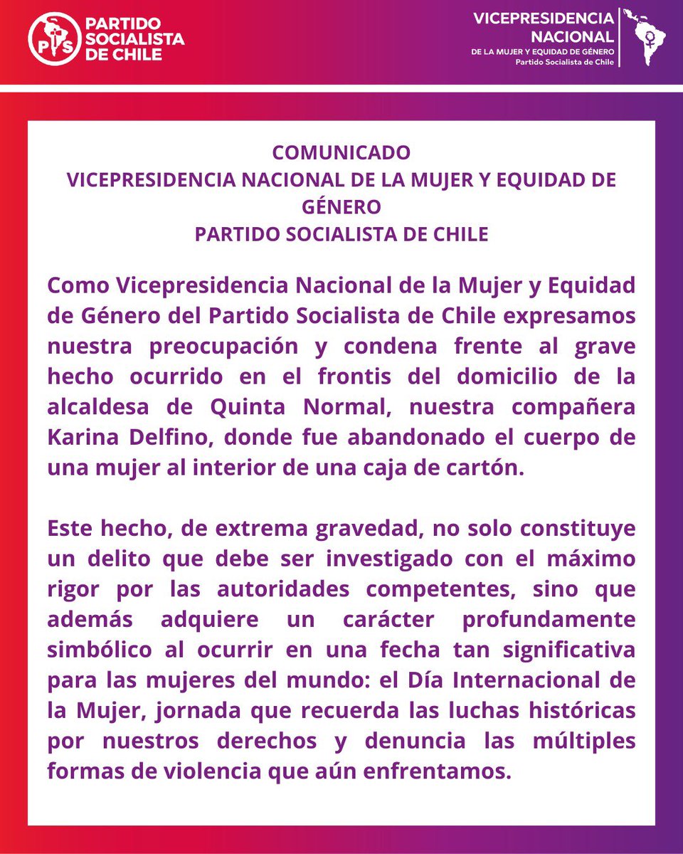 MujeresPS's tweet photo. Lo ocurrido este 8M frente al hogar de la alcaldesa @karydelfino no es solo un hecho delictual. El abandono del cuerpo de una mujer en ese lugar evidencia una violencia extrema contra las mujeres y un acto de intimidación hacia quienes ejercen liderazgo politico. https://t.co/vgCB49pqd9