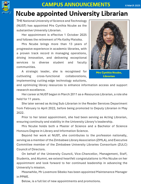 nustlibrary's tweet photo. Mrs Cynthia S. Ncube appointment as University Librarian at the @nustzim, effective 1 October 2025. We look forward to her continued leadership in advancing research, learning, and innovation at the NUST Library.
#ChooseNUST #NUSTLibrary #LibraryLeadership #AcademicLibraries https://t.co/CEfLUolMVs