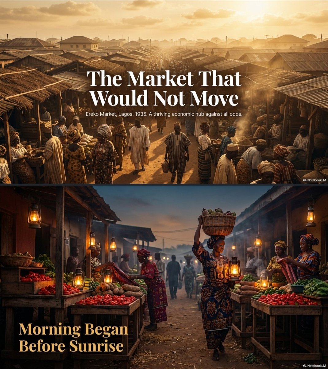 FictionXHistory's tweet photo. In 1935, Ereko Market in Lagos glowed with lantern light as traders engaged. Among them was Arike, a young fish seller who had learned the trade from her mother. She looked up to Alimotu Pelewura, the formidable leader whose voice echoed across the stalls #ErekoMarket https://t.co/jVslCS5aq5