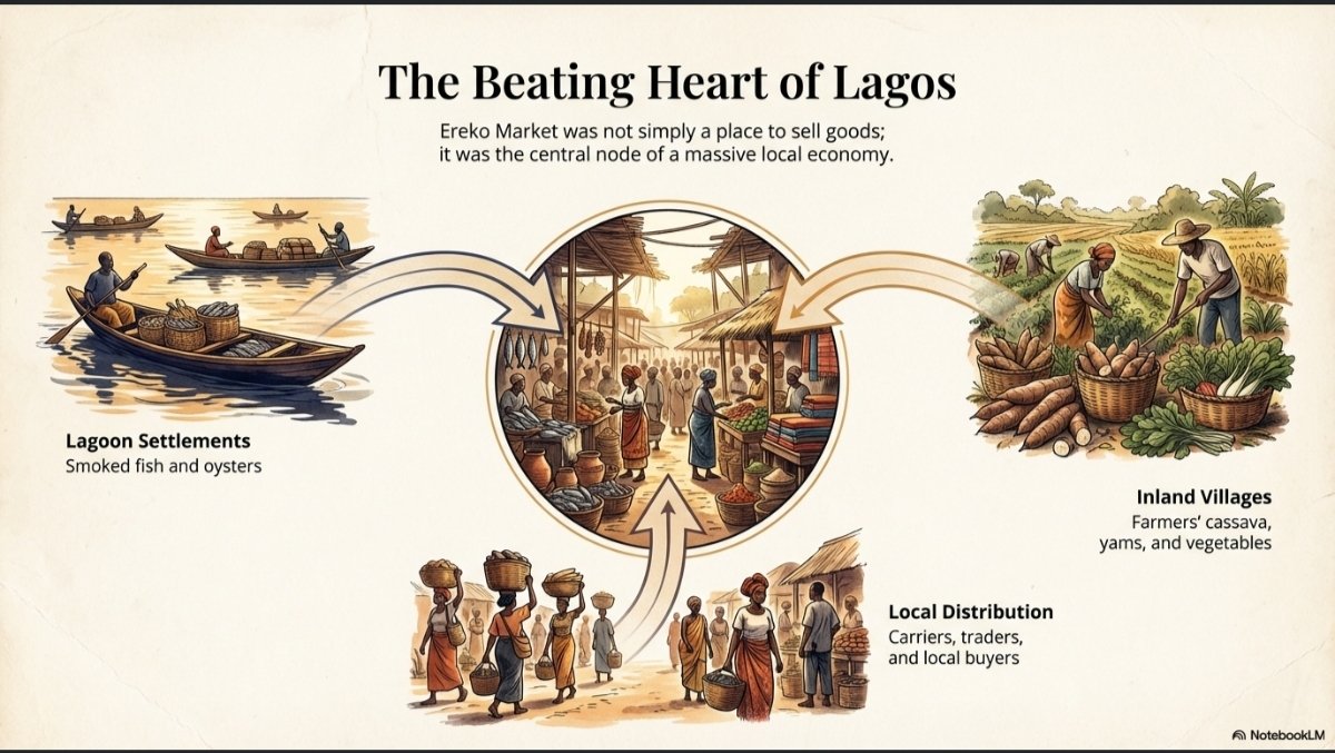 FictionXHistory's tweet photo. In 1935, Ereko Market in Lagos glowed with lantern light as traders engaged. Among them was Arike, a young fish seller who had learned the trade from her mother. She looked up to Alimotu Pelewura, the formidable leader whose voice echoed across the stalls #ErekoMarket https://t.co/jVslCS5aq5
