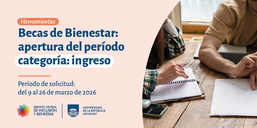 bienestarscbu's tweet photo. 🎓 ¡Atención estudiantes que ingresan a la @Udelaruy!
📚 Desde hoy comienza el período de solicitud de becas de Bienestar para estudiantes de todo el país que ingresan este año a la Udelar.
Más información en 👉https://t.co/lghRFijfxB https://t.co/GMY88clSn1