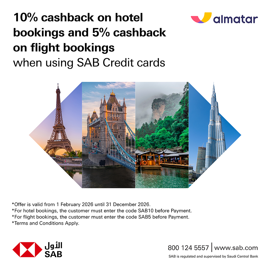 alawwalsab's tweet image. Thinking to travel? It’s #Simple…
10% cashback on hotel bookings and 5% cashback on flight bookings when using #SAB Credit Cards.
To benefit from the offer, please visit our website:
grp.hsbc/6016h72x2
For inquiries: 8001245557