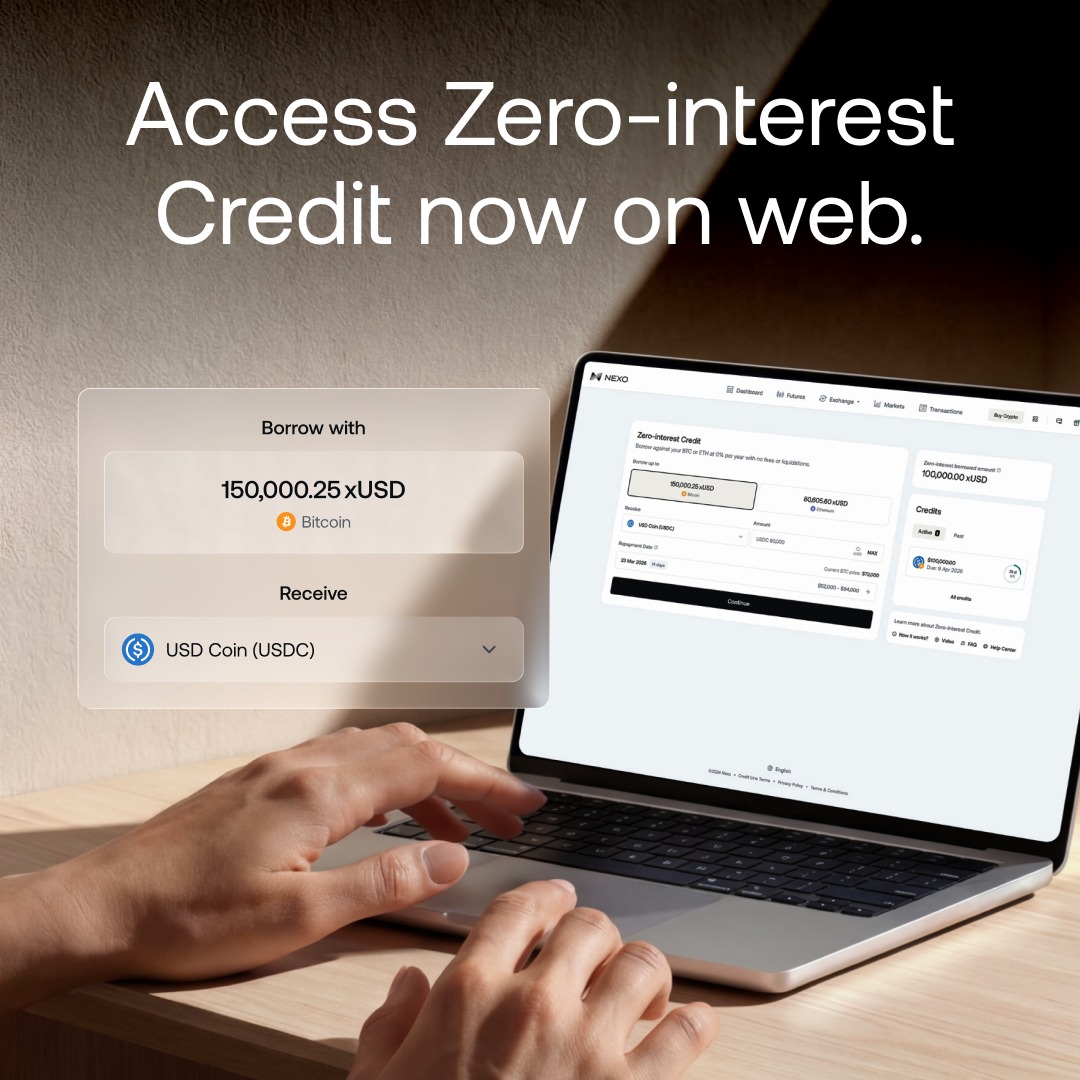 Nexo's tweet photo. Zero-interest Credit is now available on our web platform.

Borrow against BTC or ETH at 0% annual interest and no fees from the mobile app or directly from your desktop.

Terms and conditions apply. 🧵