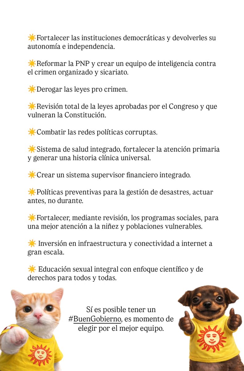 ☀️ ¿Qué propone el Partido del Buen Gobierno? Acá un resumen de sus propuestas. Este 12 de abril, apostemos por un #BuenGobierno y elijamos al mejor equipo. Recuperemos, de la mano de un buen equipo, a nuestro país.
¡Vamos con fuerza y optimismo! #QueremosUnBuenGobierno 💪🏼☀️