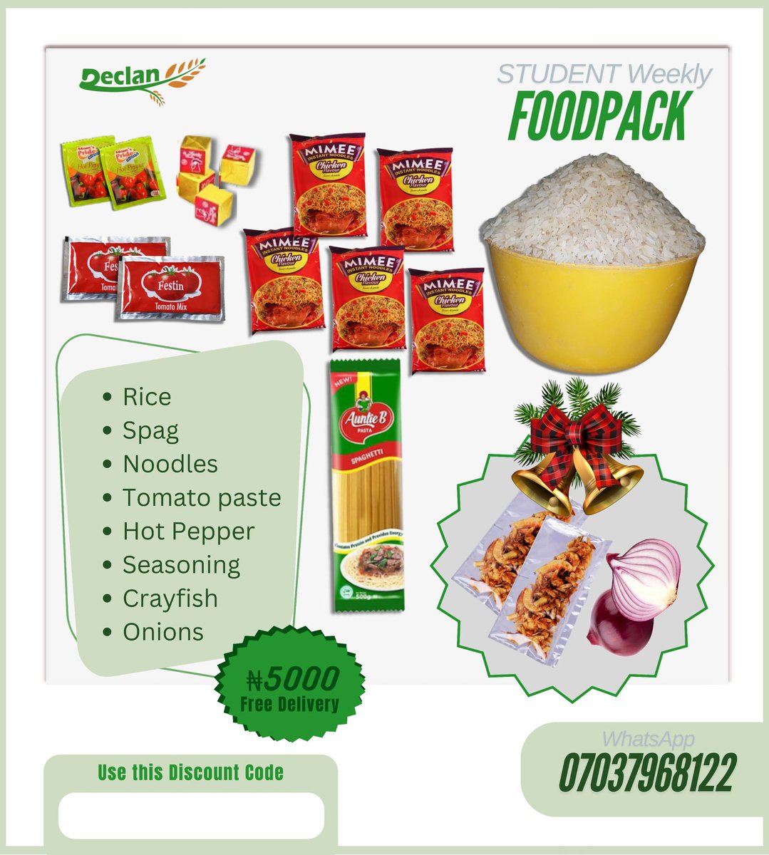 Student Weekly Foodpack
₦5100
 FREE DELIVERY

Just enough food items to last you 1 weeks. Get it for ₦5100* instead of ₦5800 when you order with my link👇🏼

wa.me/c/2347037968122
