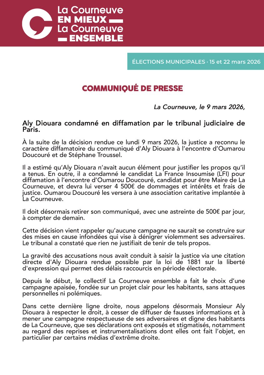 lacourneuveens1's tweet photo. La justice a tranché ce lundi 9 mars. Aly Diouara est condamné pour diffamation. https://t.co/IoTPA7tqQl